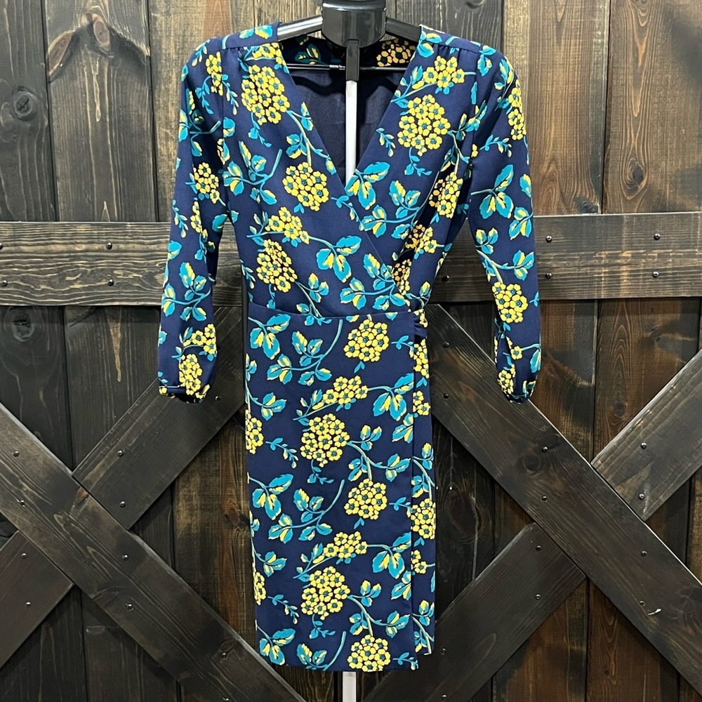 J. Crew Navy Golden Floral Midi Wrap Dress 2 Blue 3/4 Sleeve Cottagecore Preppy